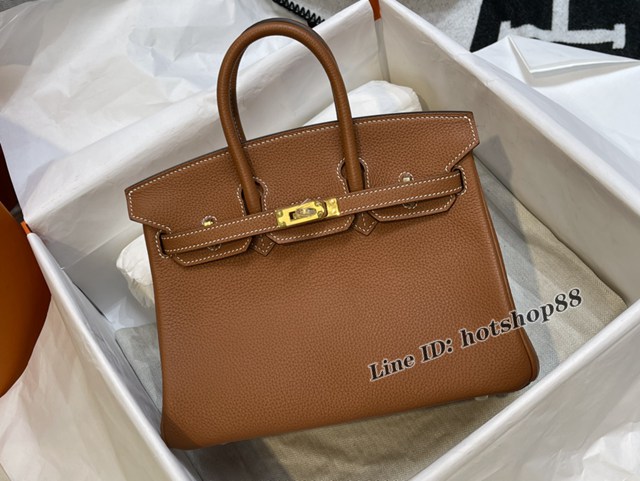 Hermes專櫃經典款鉑金手提女包 愛馬仕birkin25金棕色togo皮金扣手縫蠟線女包 zhh1182